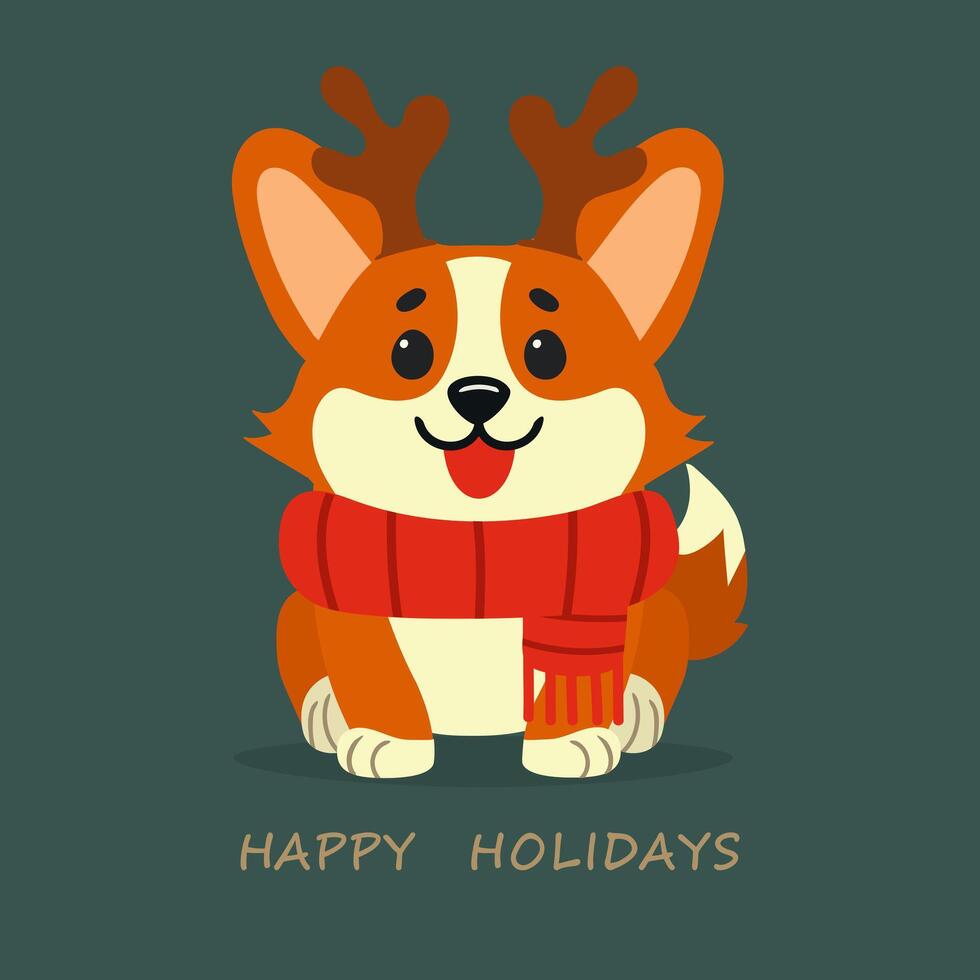 Greeting card with a cute corgi pet with reindeer antlers and a Christmas scarf vector