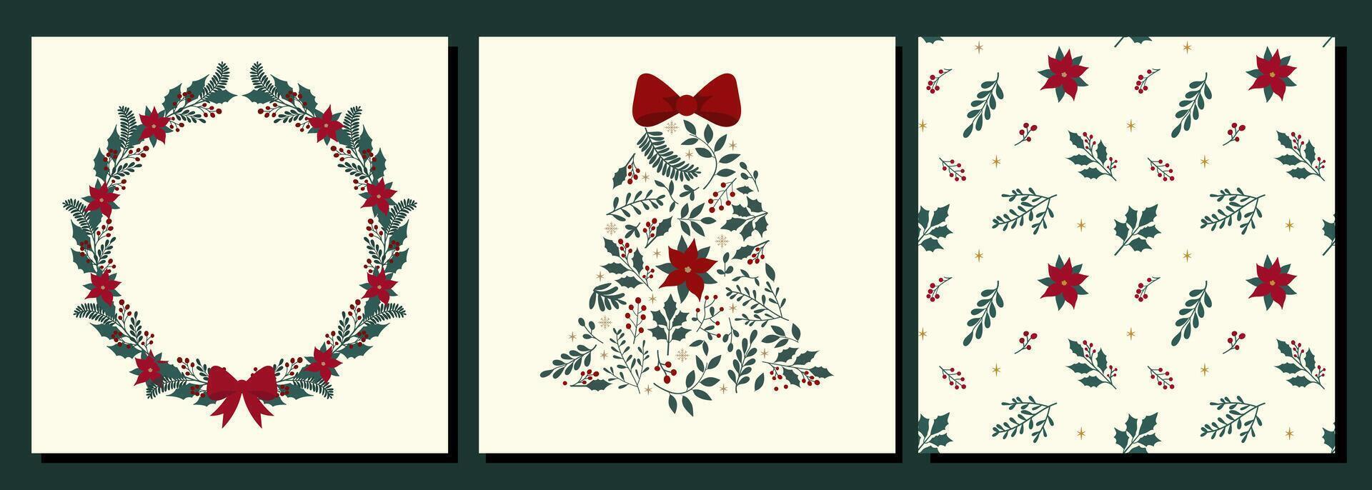 Set of greeting cards with Christmas wreath, ornate floral bell and background vector