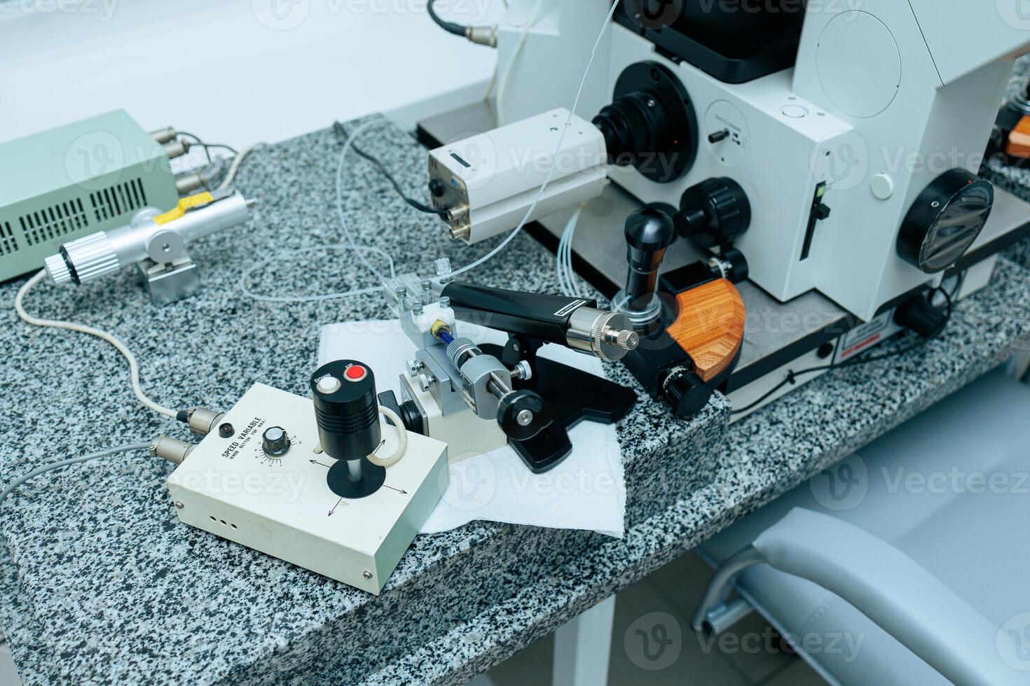 Modern multifunctional medical microscope, modern medical equipment. photo