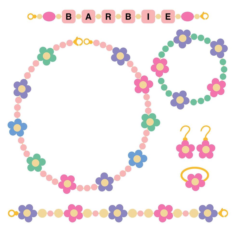 Set with necklace, bracelets and earrings. Funky flowers bracelets flat set vector