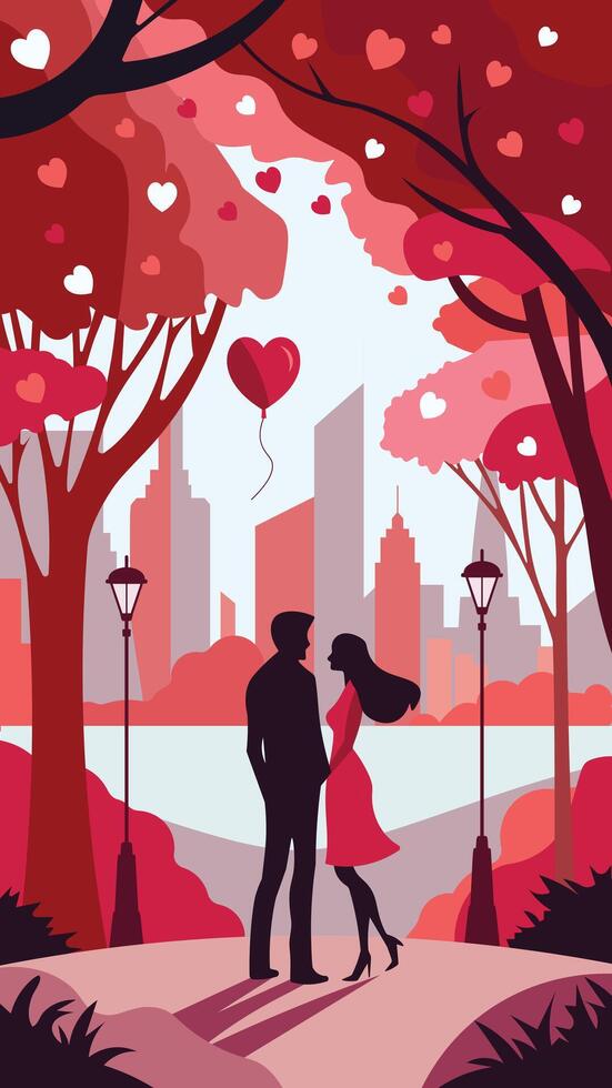 Vertical Valentines days couple card. Couple in the city vector