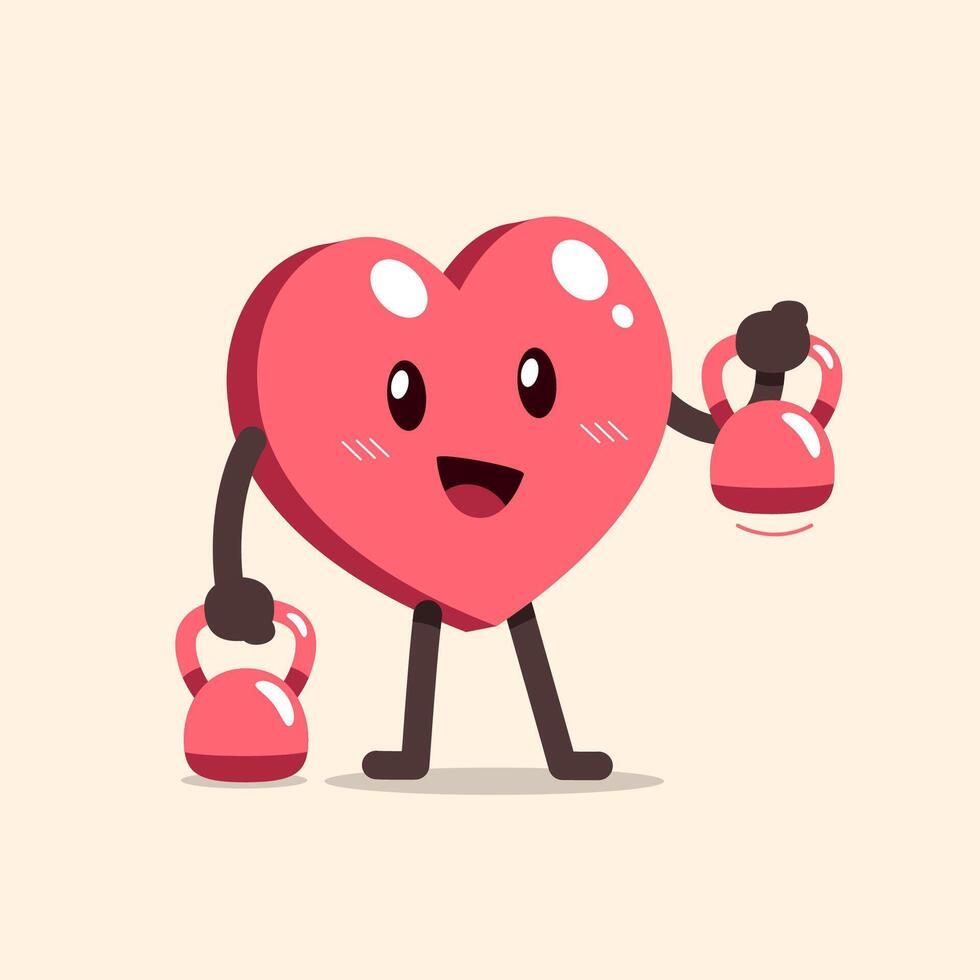 Cartoon heart character doing weight training with kettlebells vector