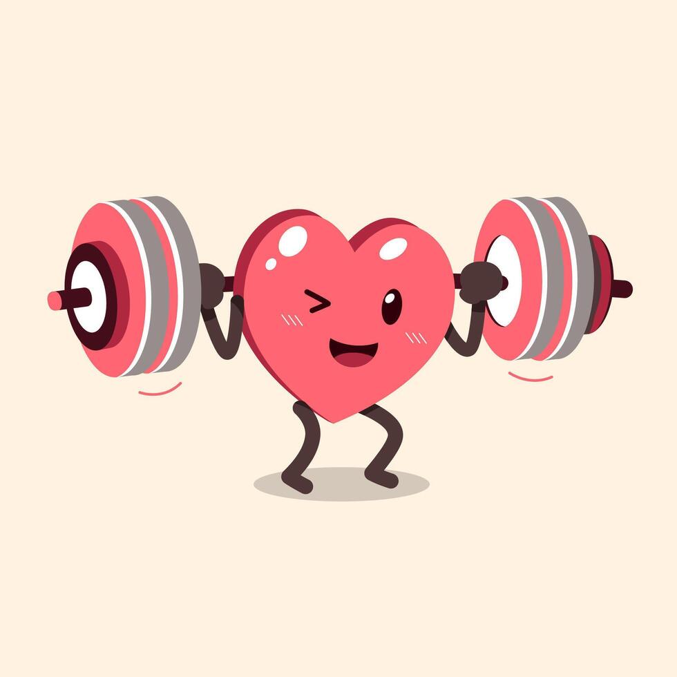 Cartoon cute heart character doing weight training with barbell vector