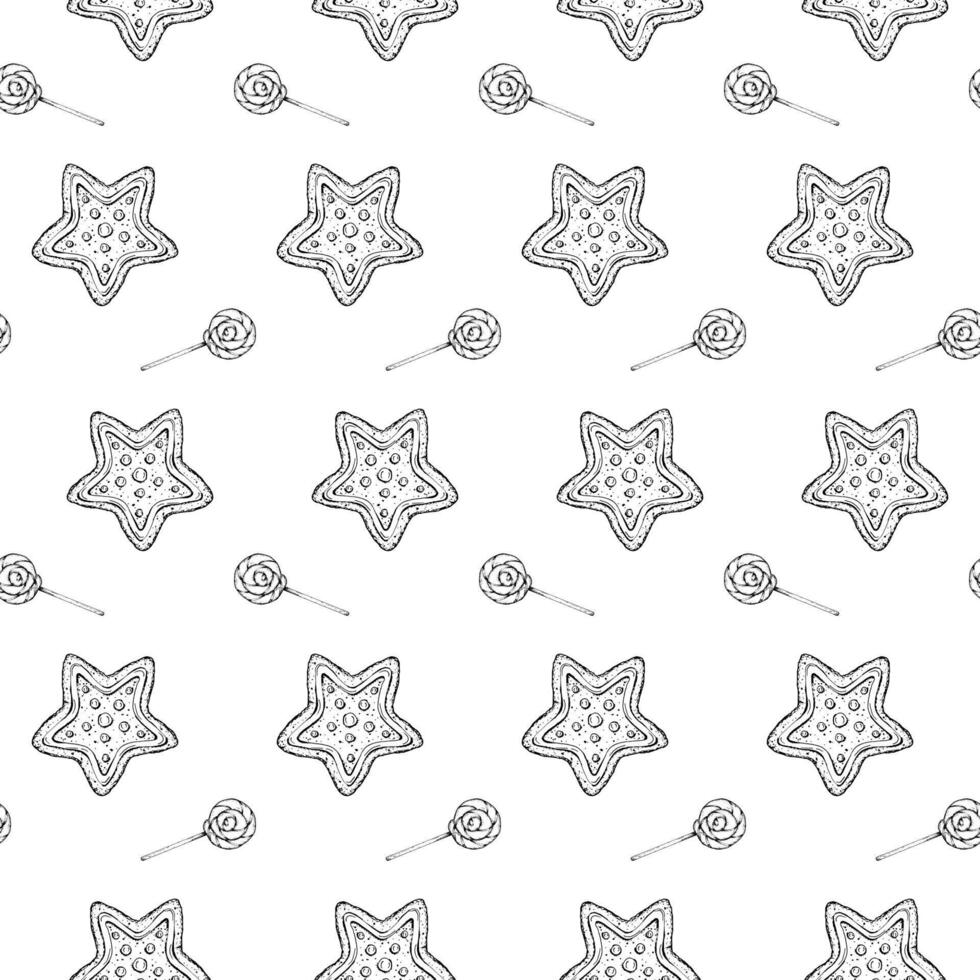 Seamless pattern with hand drawn gingerbread stars and lollipops. Christmas festive black and white sweets design, perfect for wrapping paper, textile, backgrounds, holiday decorations vector