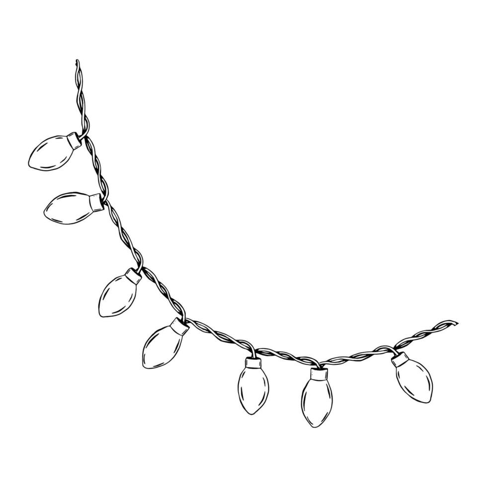 illustration of a string of Christmas lights in a hand drawn style features a twisted wire and lightbulbs detailed with simple linework for holiday decorations, greeting cards, festive projects vector