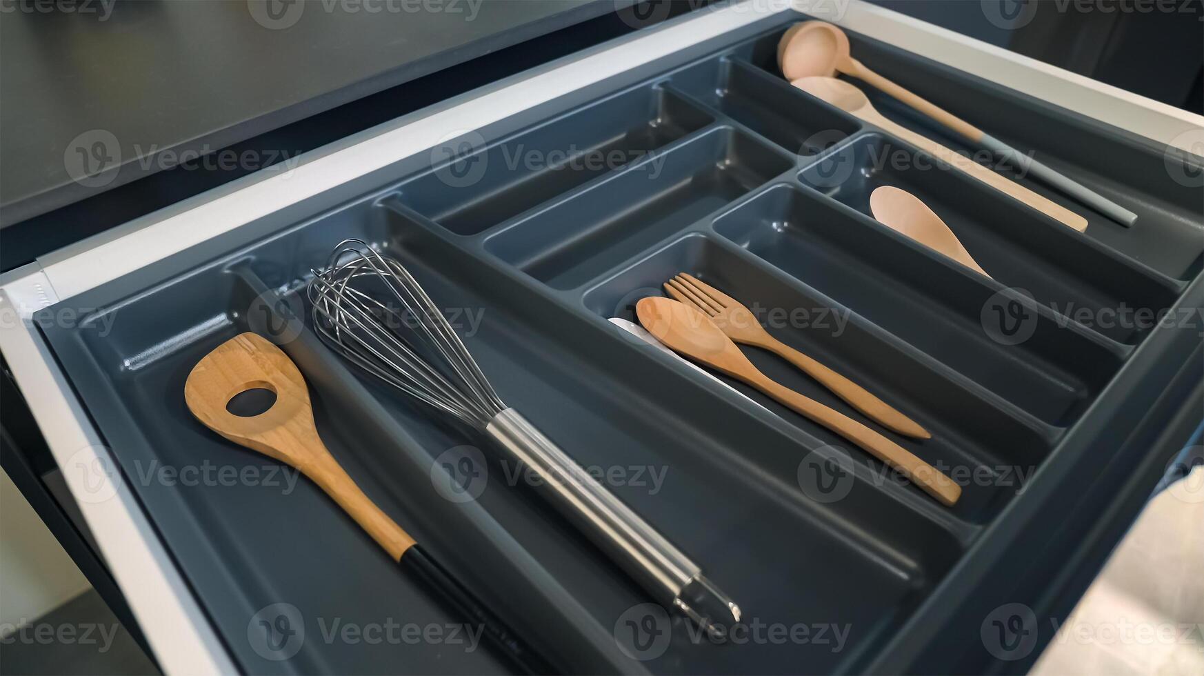 Different utensils in open desk drawer indoors, close up. Kitchen utensil such as spoon, ladle, scoop, handshake stored in box. photo