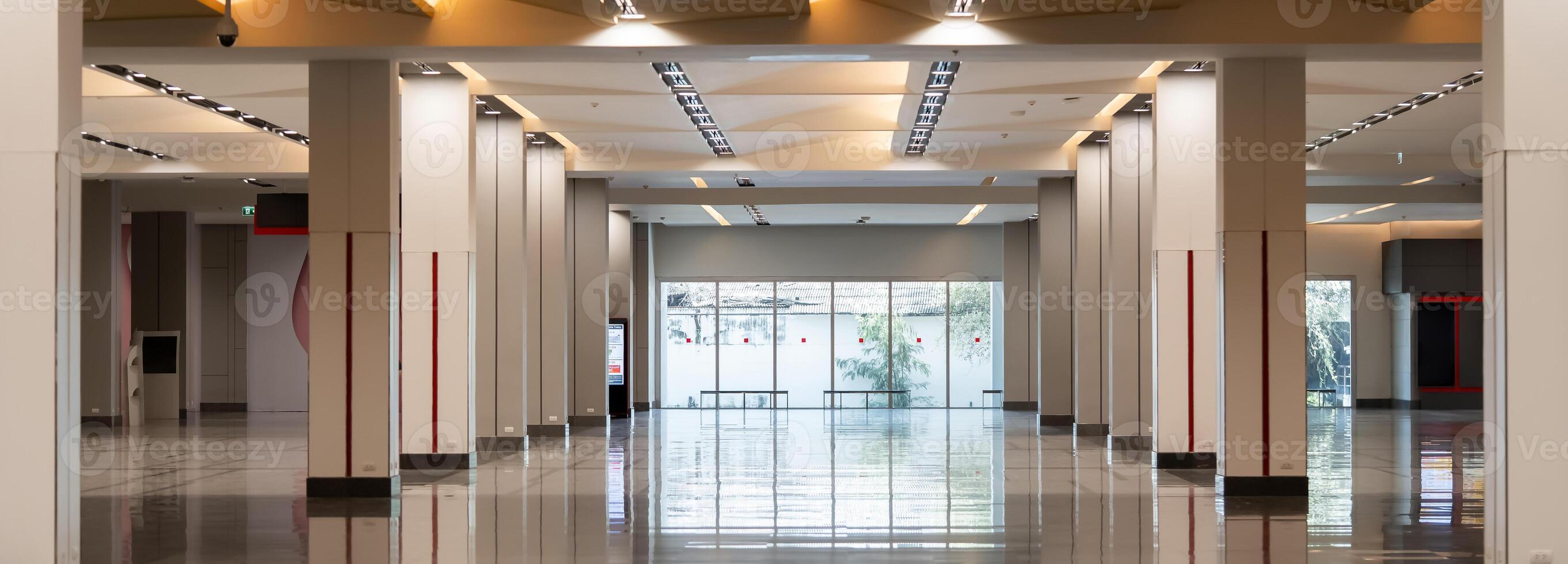 Empty hall with the high ceiling, a lot of poles and mirror door in the middle. This mood and tone are the modern design interior building. photo