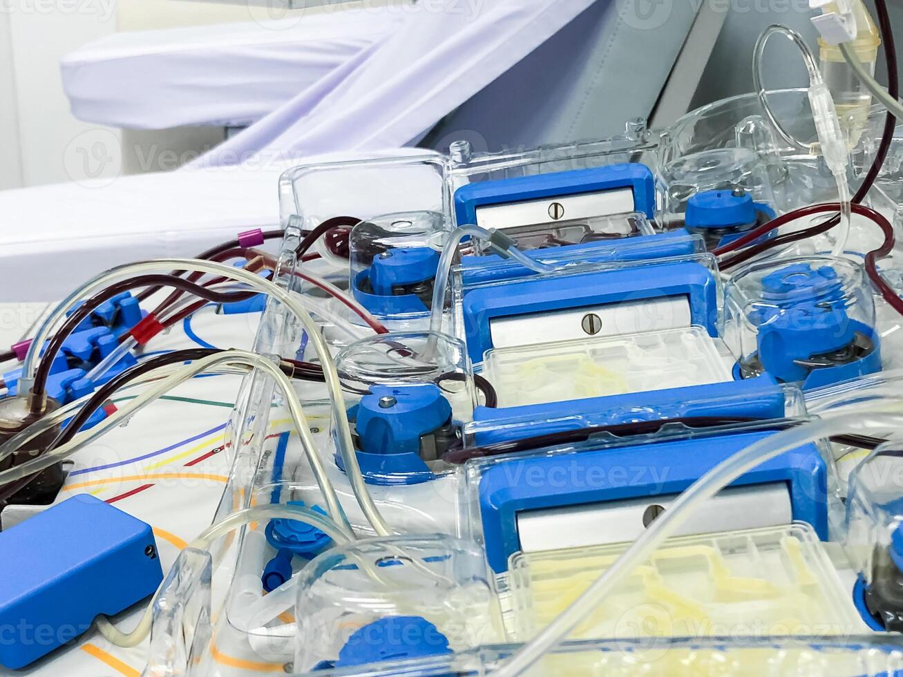 Blood platelet donation Machine is working, it draws blood from arm for separate Platelet from blood at a hospital. photo