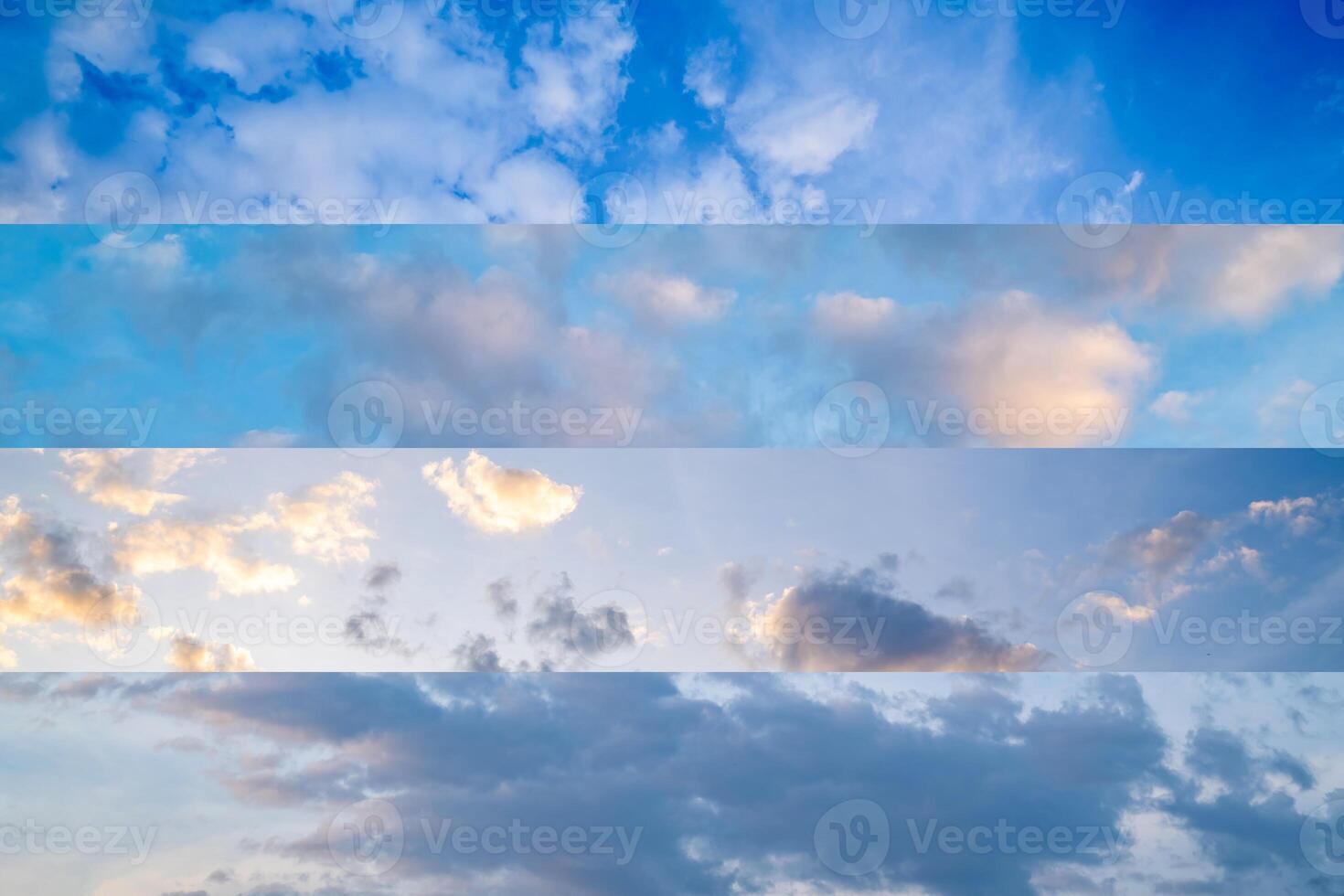 The art collage of the different shades of the blue sky and the fluffy cloud sets in a daytime designed in a horizontal style. photo