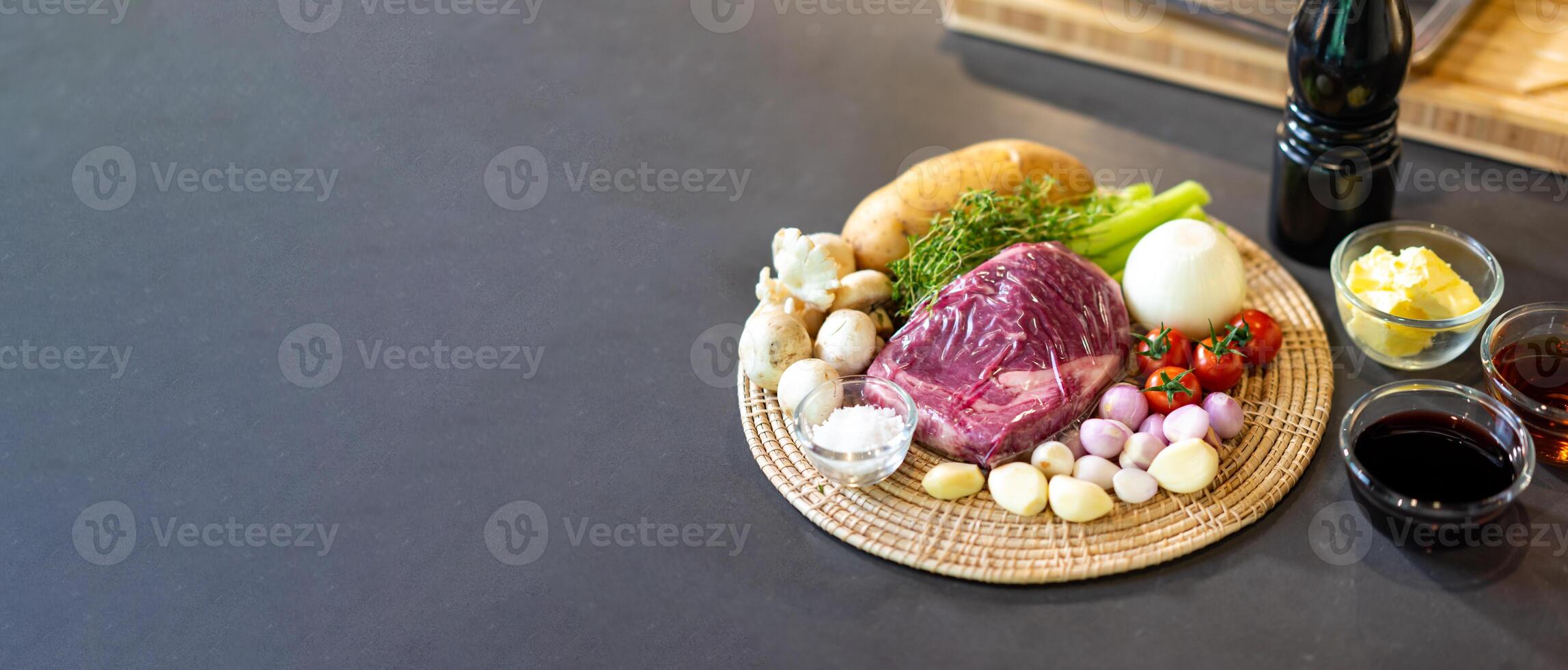 Horizontal website long banner of beef steak and mushroom sauce menu raw ingredient of advertising or promoting. photo