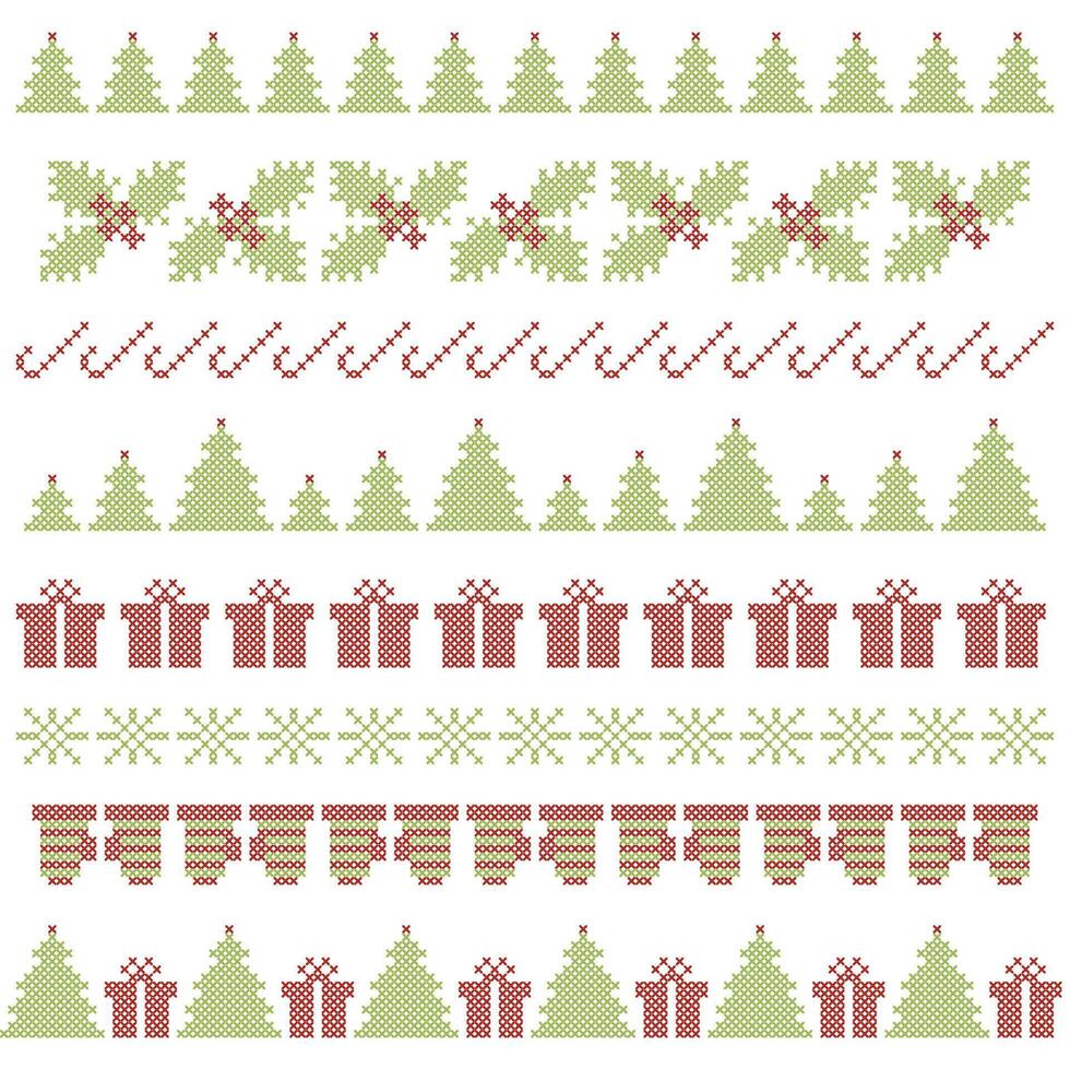 Christmas cross stitch embroidering borders vector