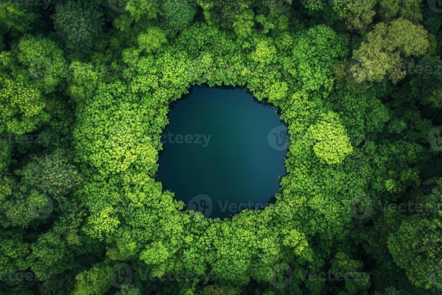 Aerial view of a circular lake surrounded by lush green forest. photo