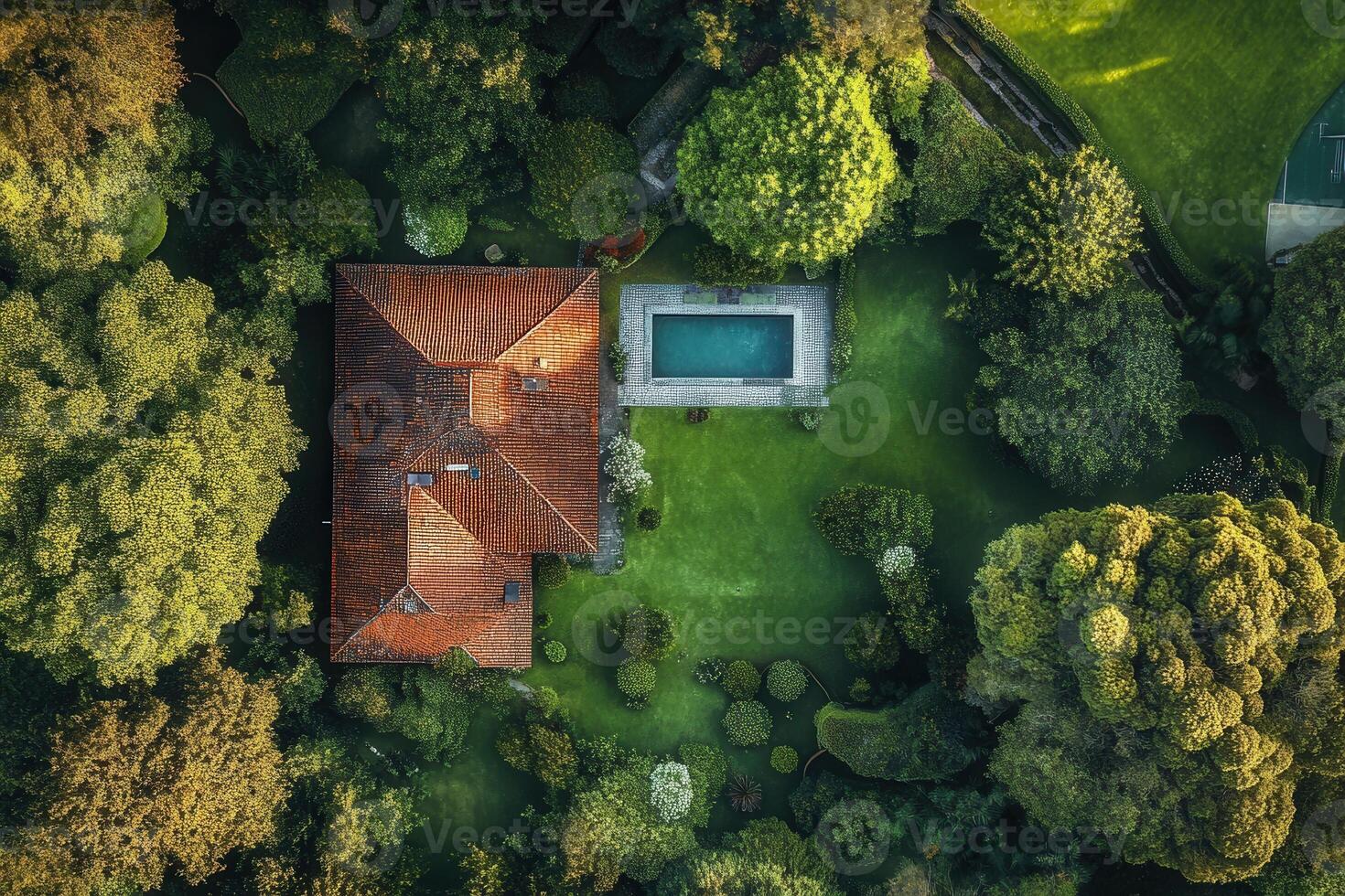 Aerial view of a house with a pool surrounded by lush greenery. photo