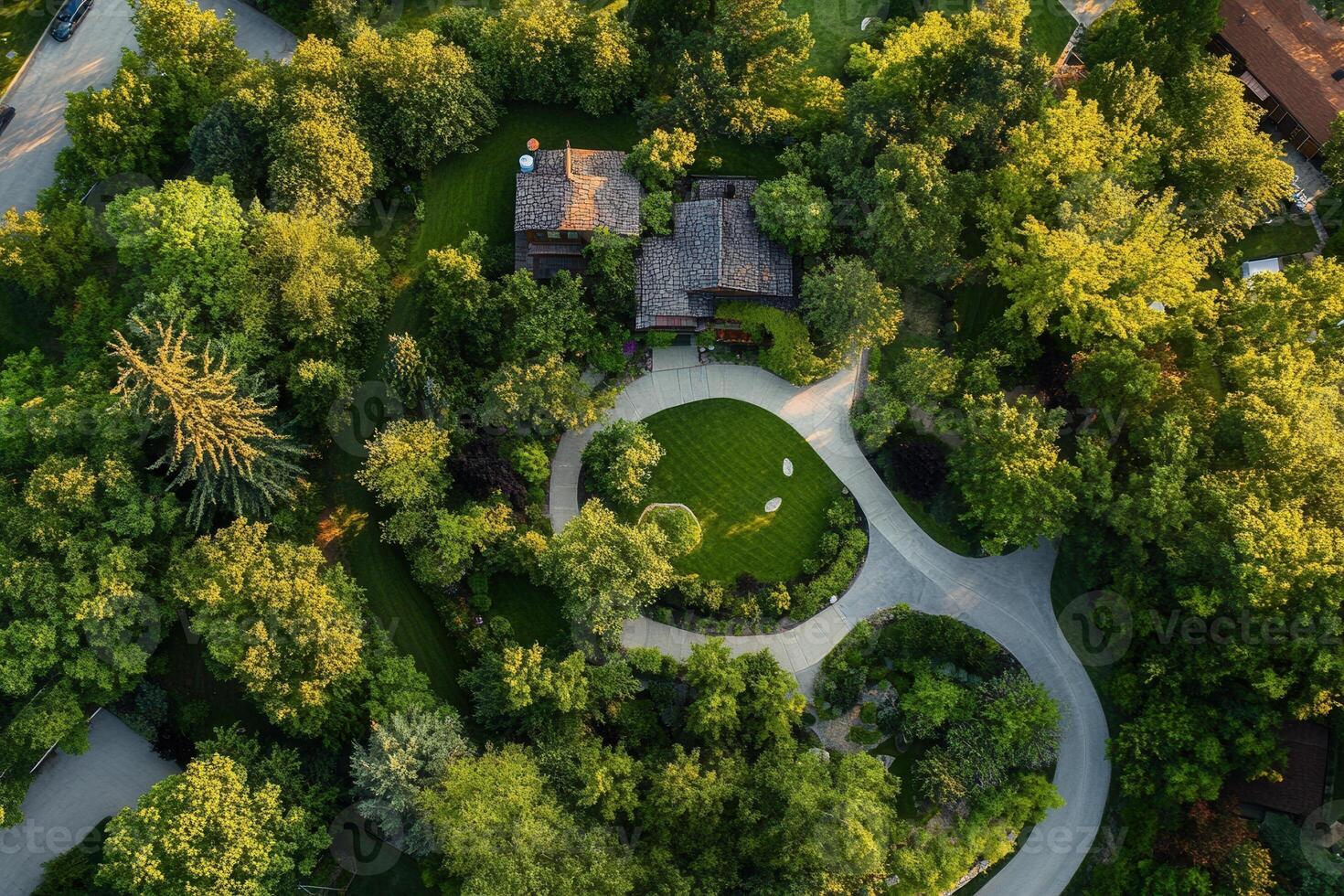 Aerial view of a house nestled in lush greenery with a circular driveway. photo