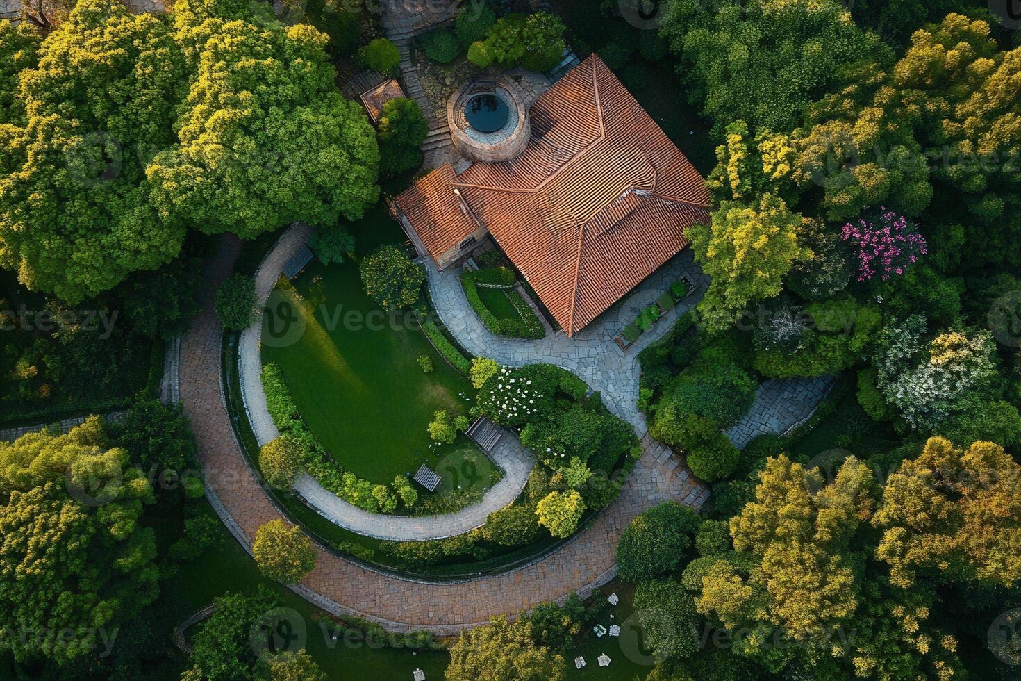 Aerial view of a house nestled in a lush green garden. photo