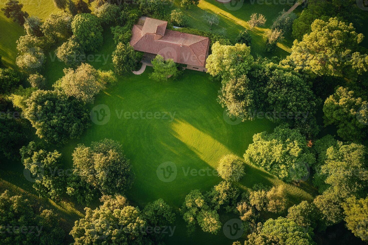 Aerial view of a house surrounded by lush greenery. photo