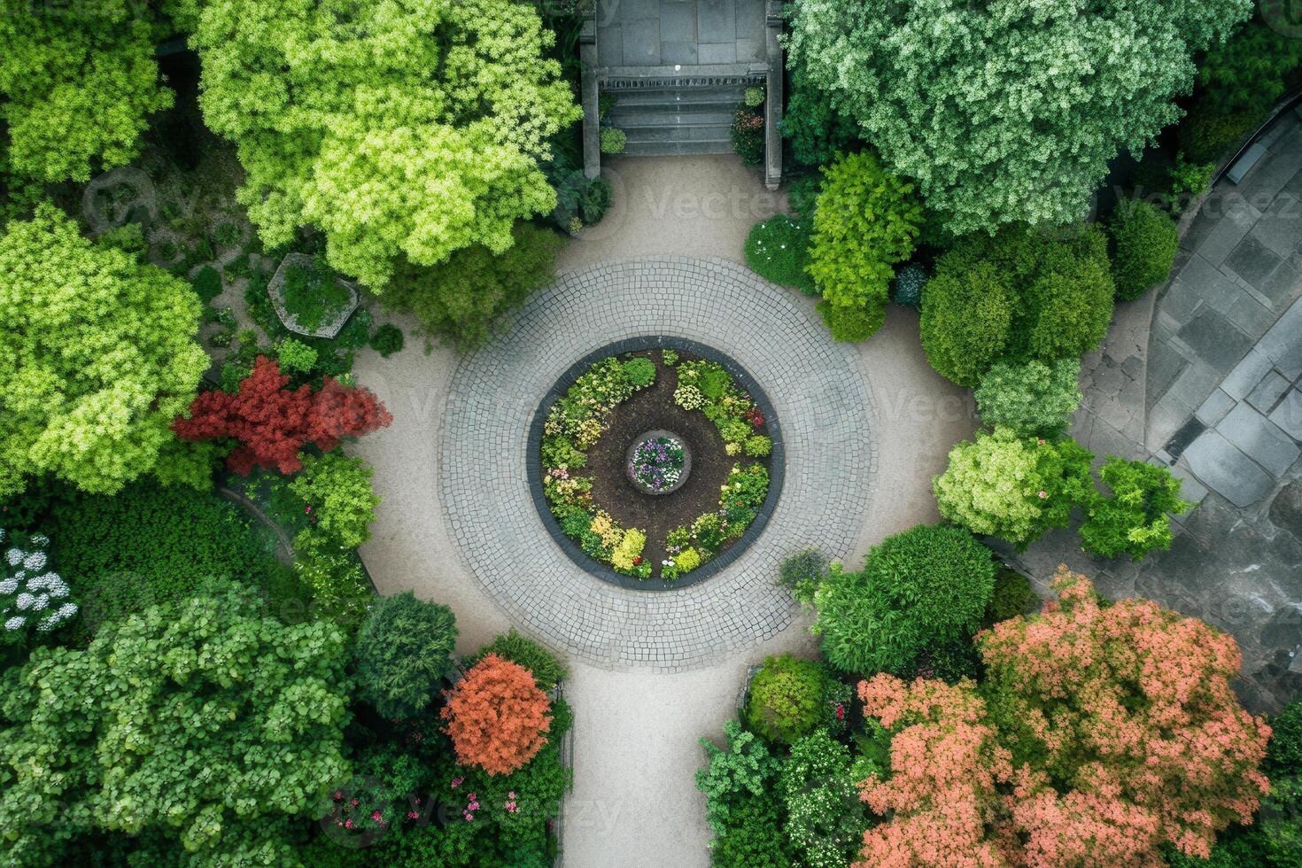 Aerial view of a circular garden with diverse plants and stone pathways. photo