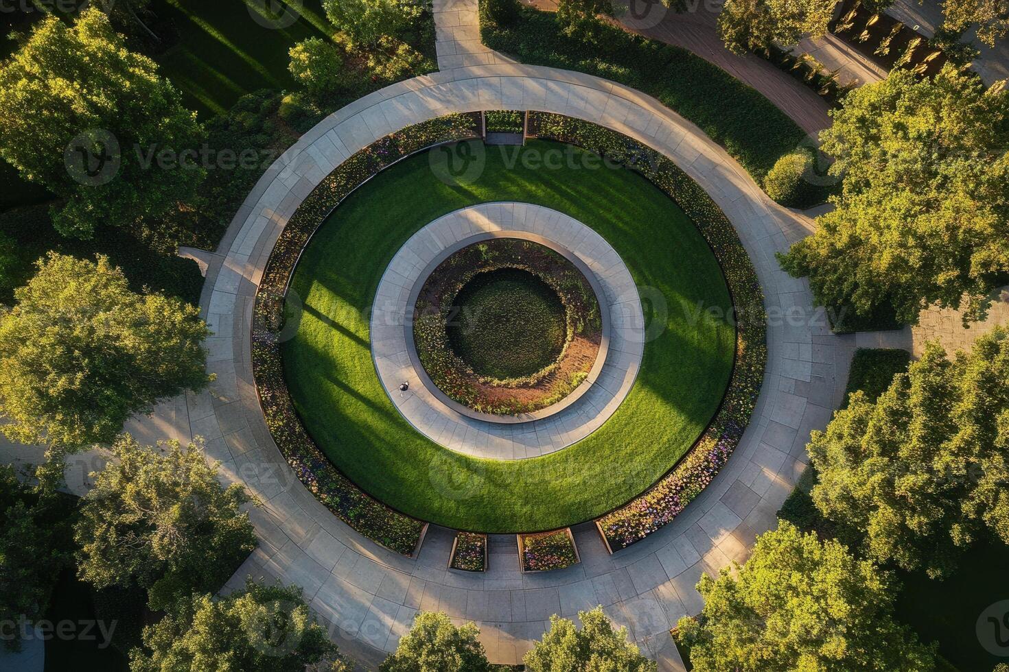 Aerial view of a circular garden with pathways. photo