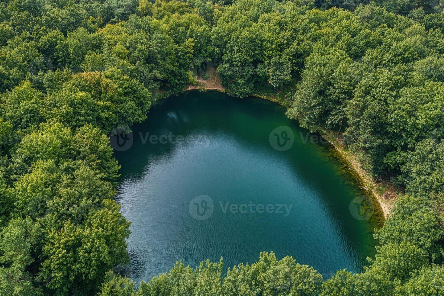 Aerial view of a serene, secluded lake nestled within a lush green forest. photo