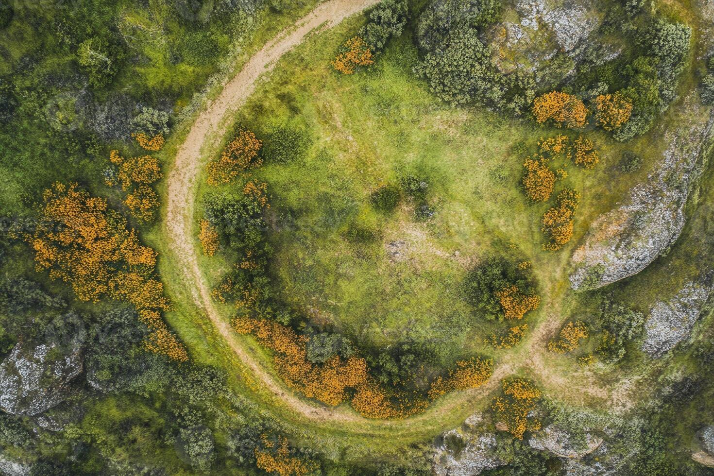 Aerial view of a circular path in a green landscape with yellow flowers. photo