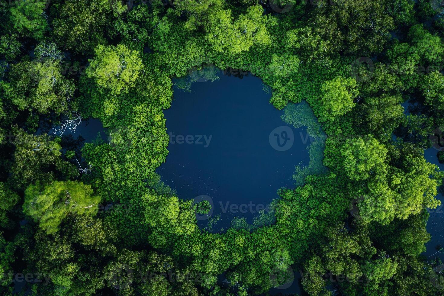 Aerial view of a circular lagoon surrounded by lush green mangrove forest. photo
