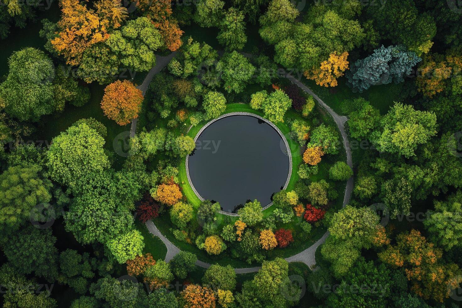 Aerial view of a circular pond surrounded by autumnal trees. photo