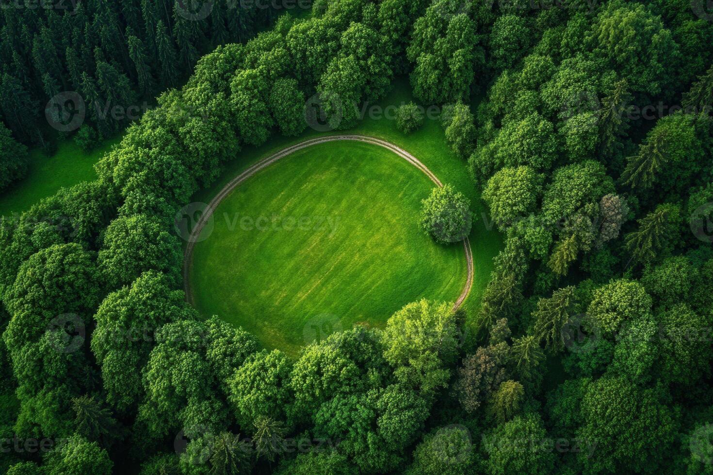 Aerial view of a circular green field surrounded by lush forest photo