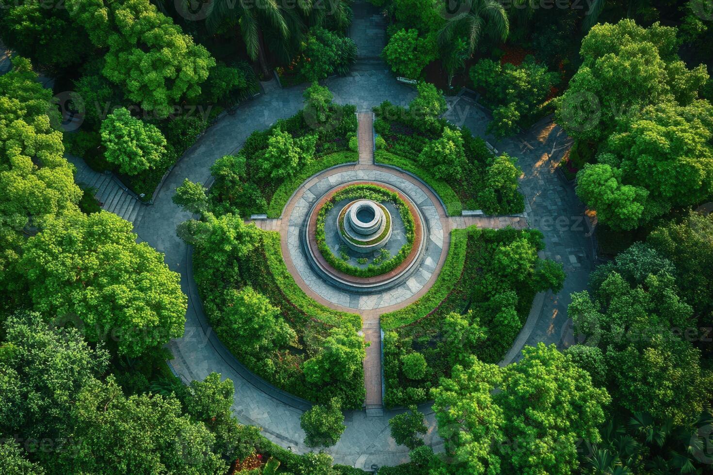 Aerial view of a circular park with lush greenery and pathways. photo