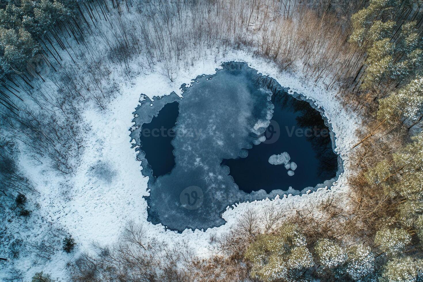 Aerial view of frozen lake in snowy forest. photo