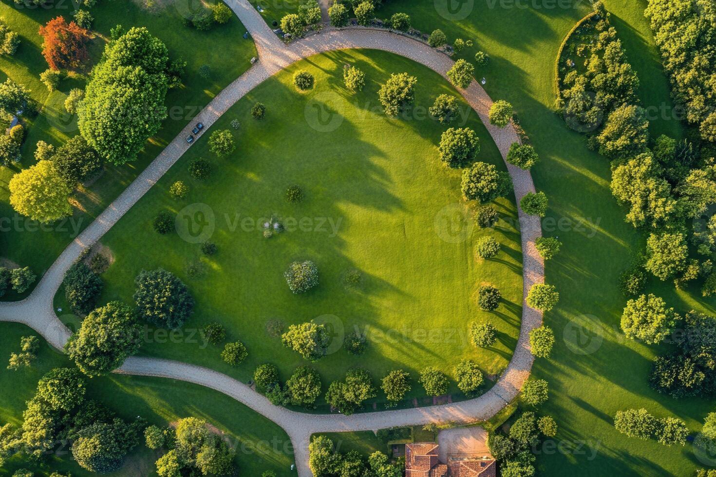 Aerial view of a lush green park with winding paths. photo