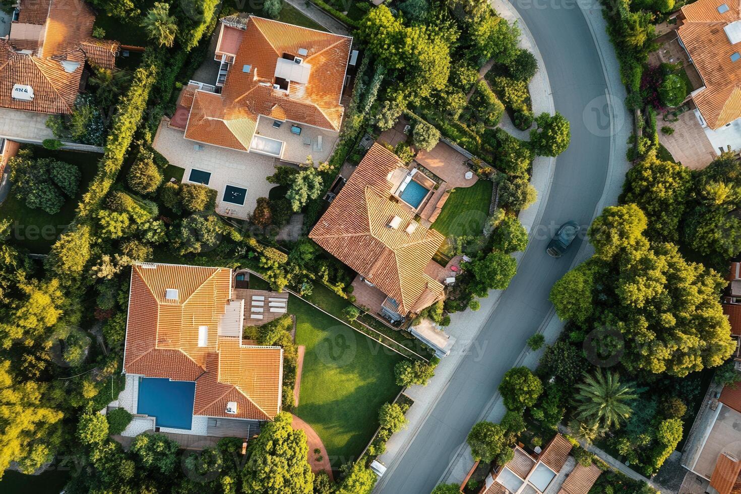 Aerial view of luxury homes, pools, and lush greenery. photo