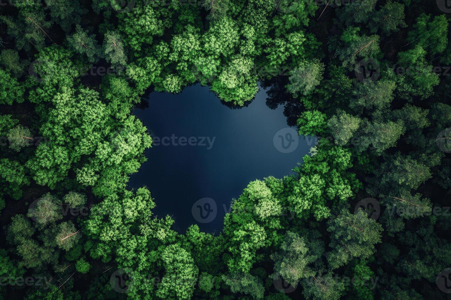 Aerial view of a serene lake nestled in a lush green forest. photo
