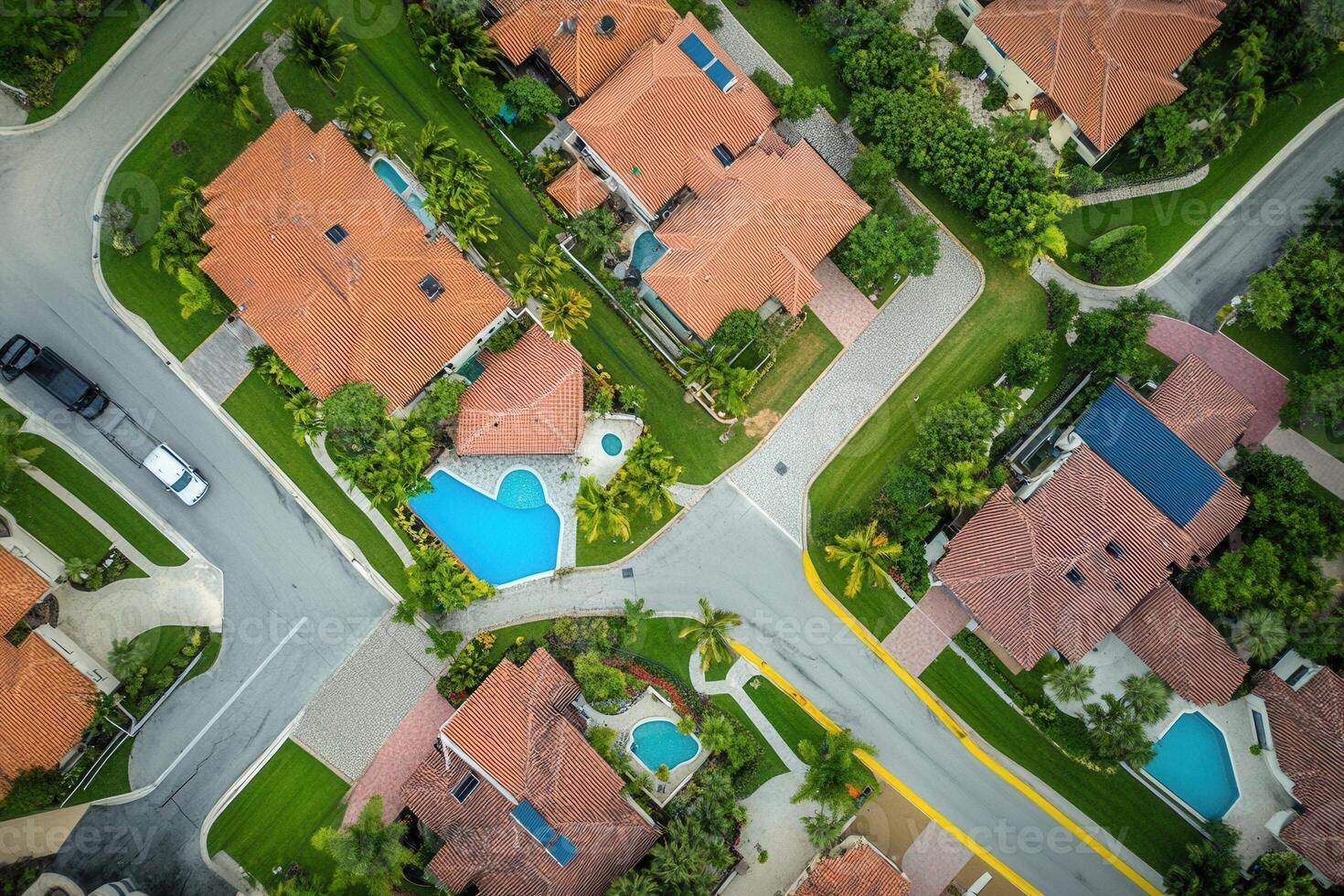 Aerial view of suburban neighborhood with houses, pools, and streets. photo