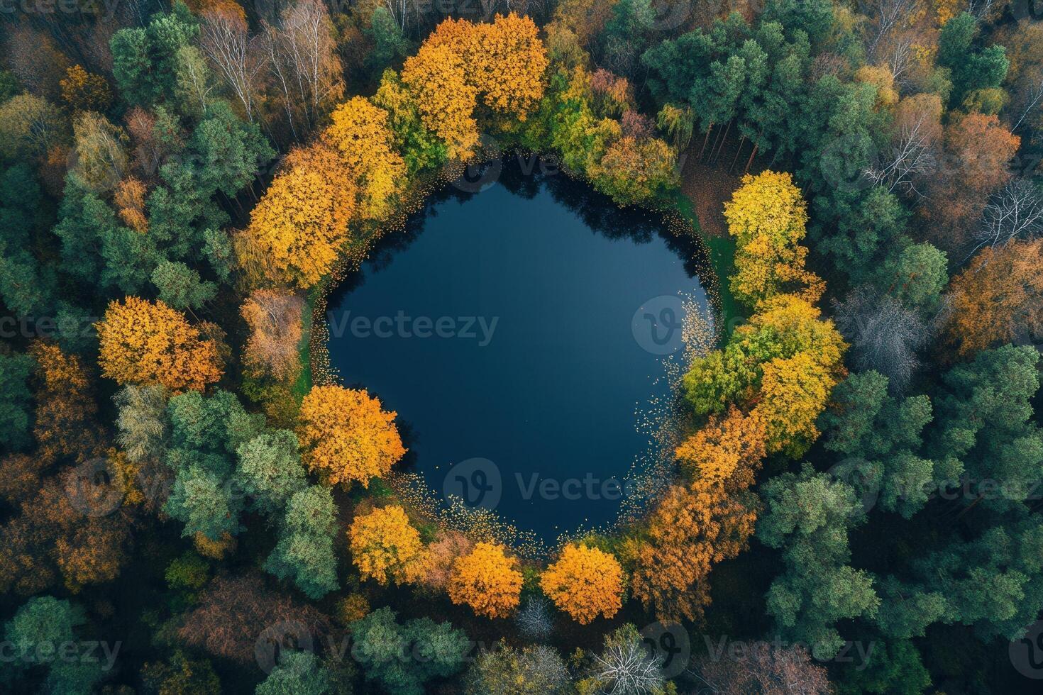 Aerial view of a circular lake surrounded by autumn trees. photo