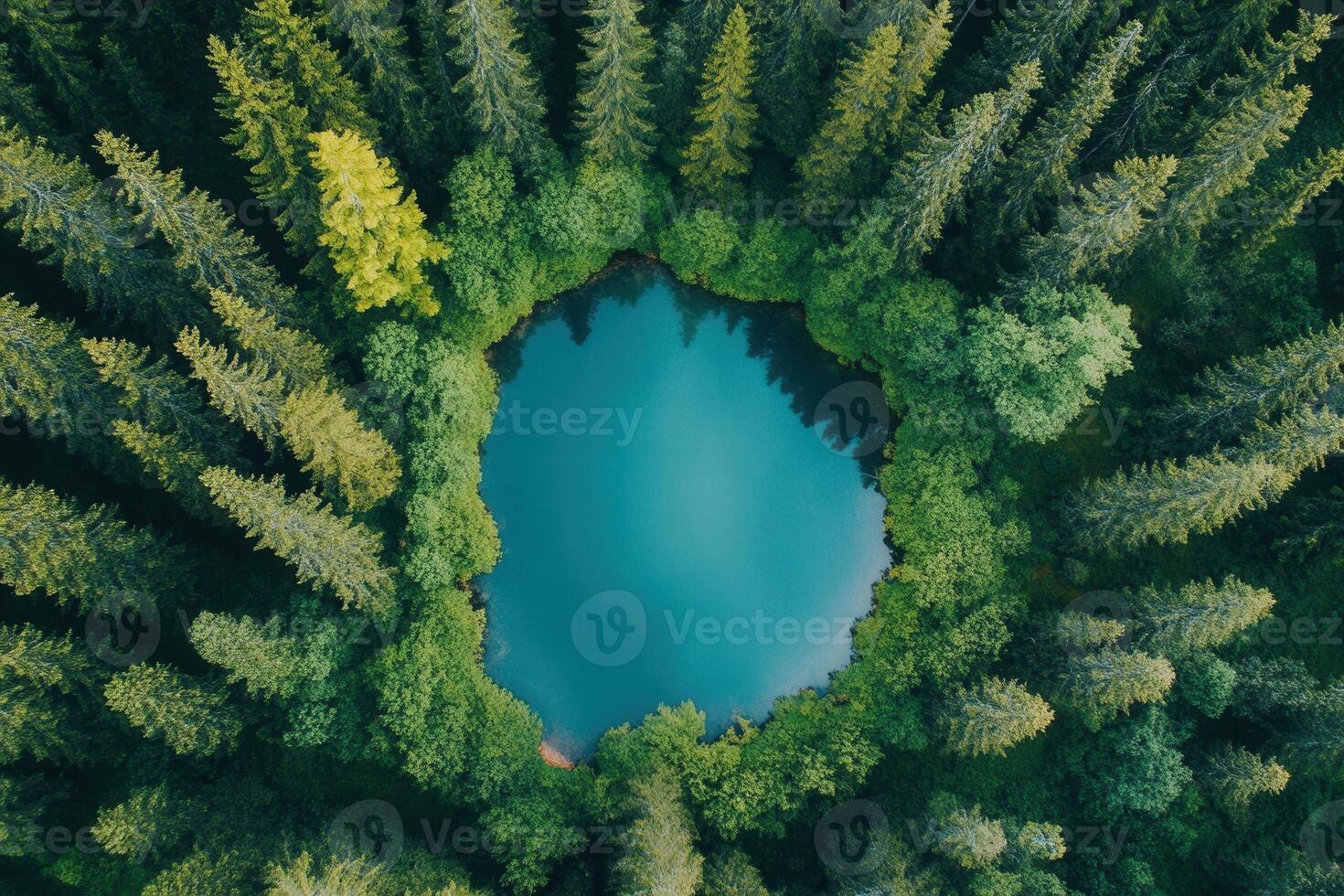 Aerial view of a circular lake surrounded by lush green forest. photo