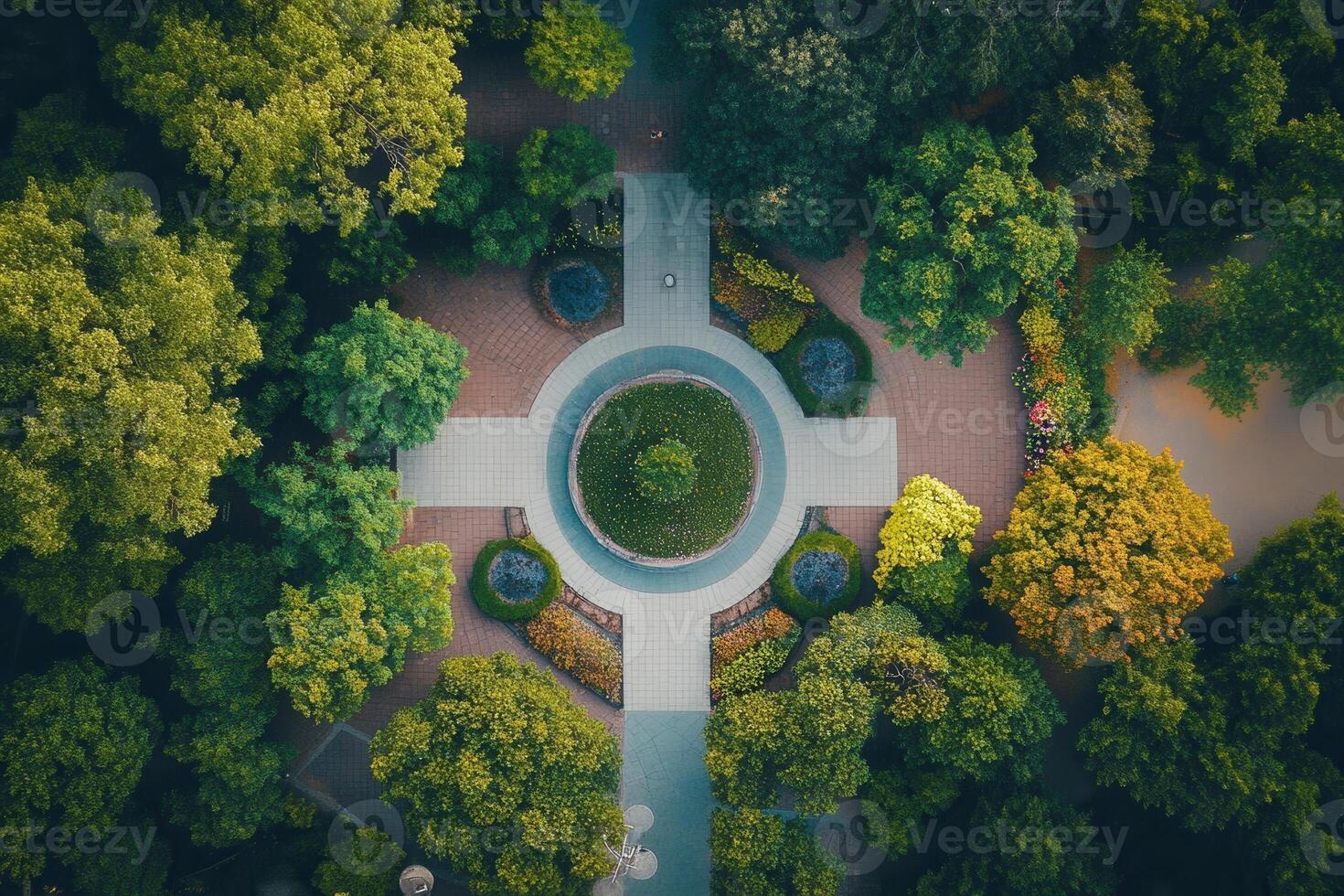 Aerial view of a symmetrical park with walkways and lush greenery. photo