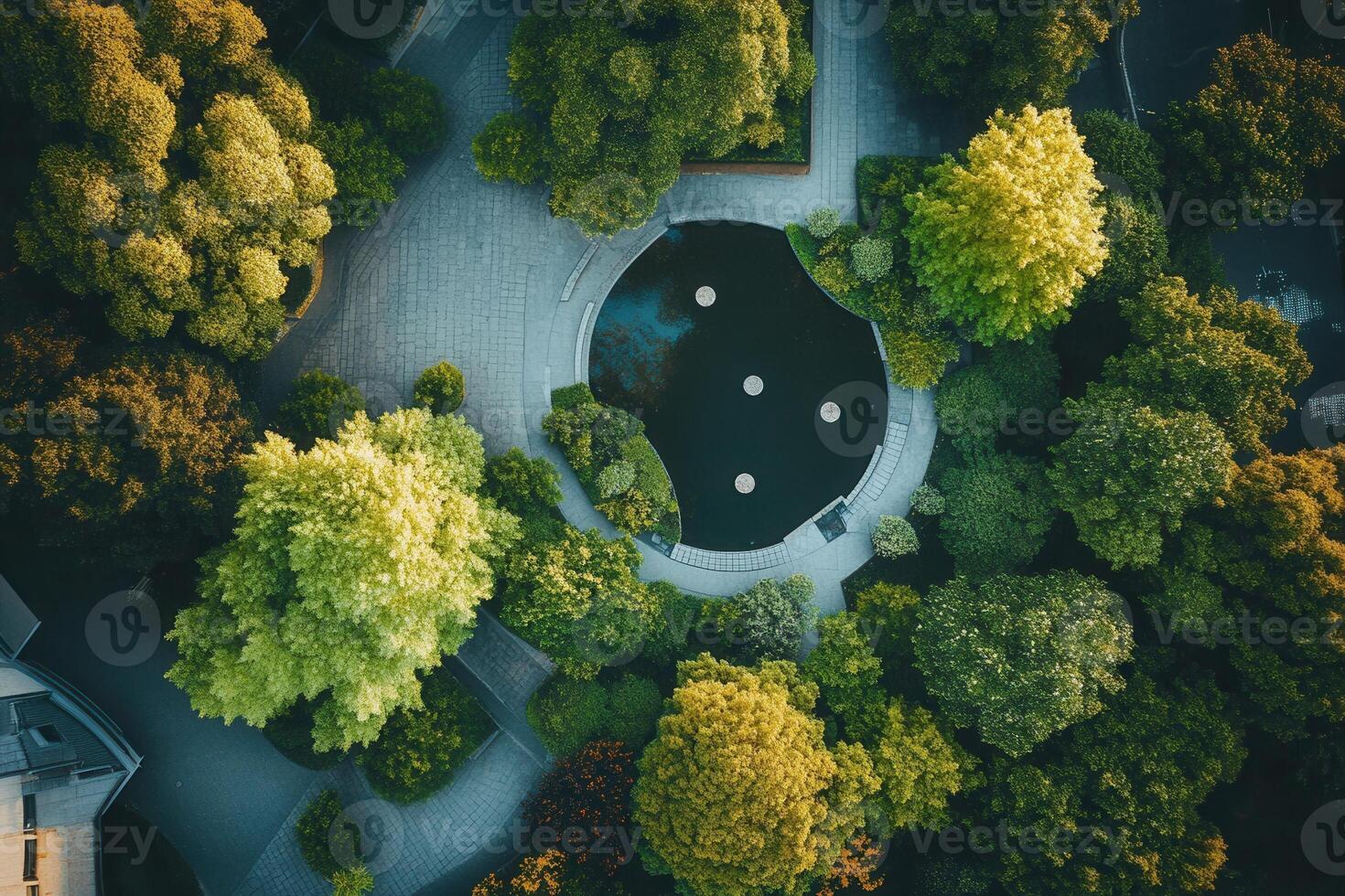 Aerial view of a serene park with a circular pond surrounded by lush green trees. photo