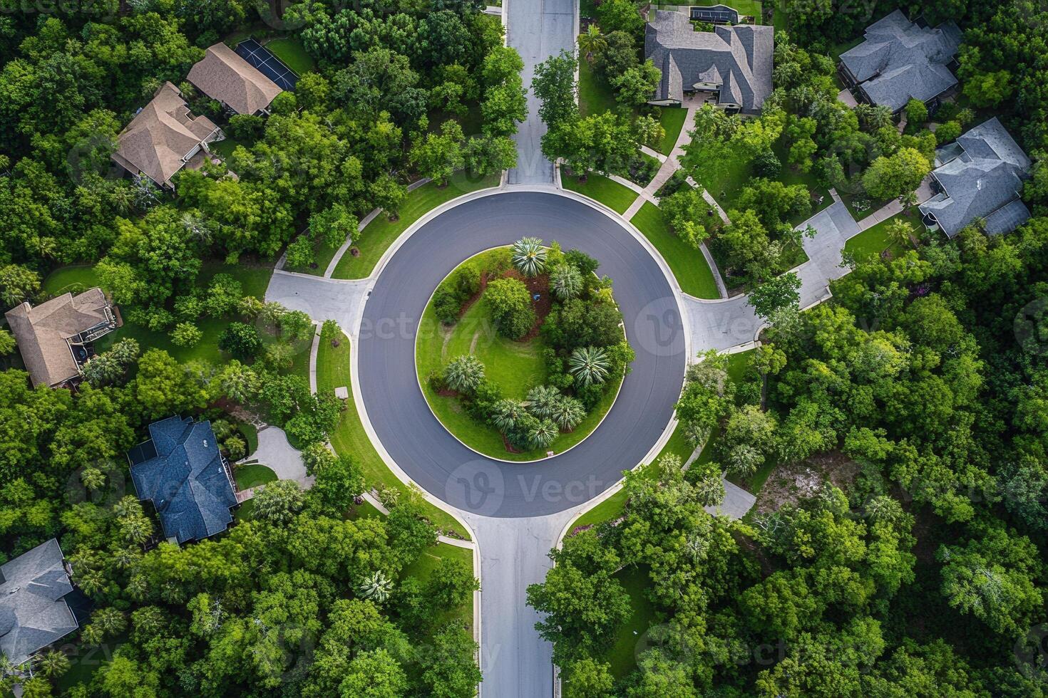 Aerial view of a residential roundabout surrounded by lush green trees and houses. photo