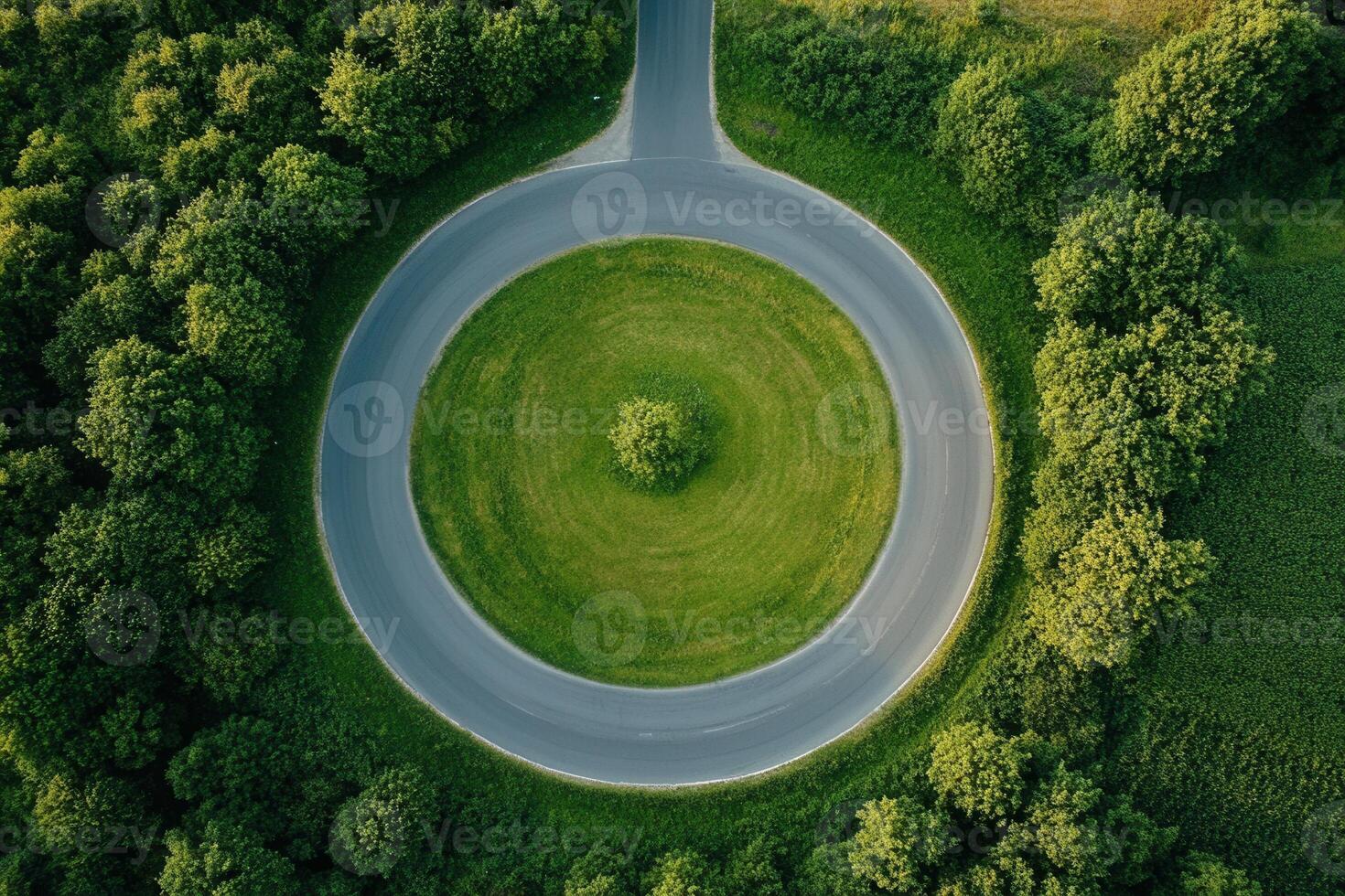 Aerial view of a circular road surrounded by lush greenery. photo