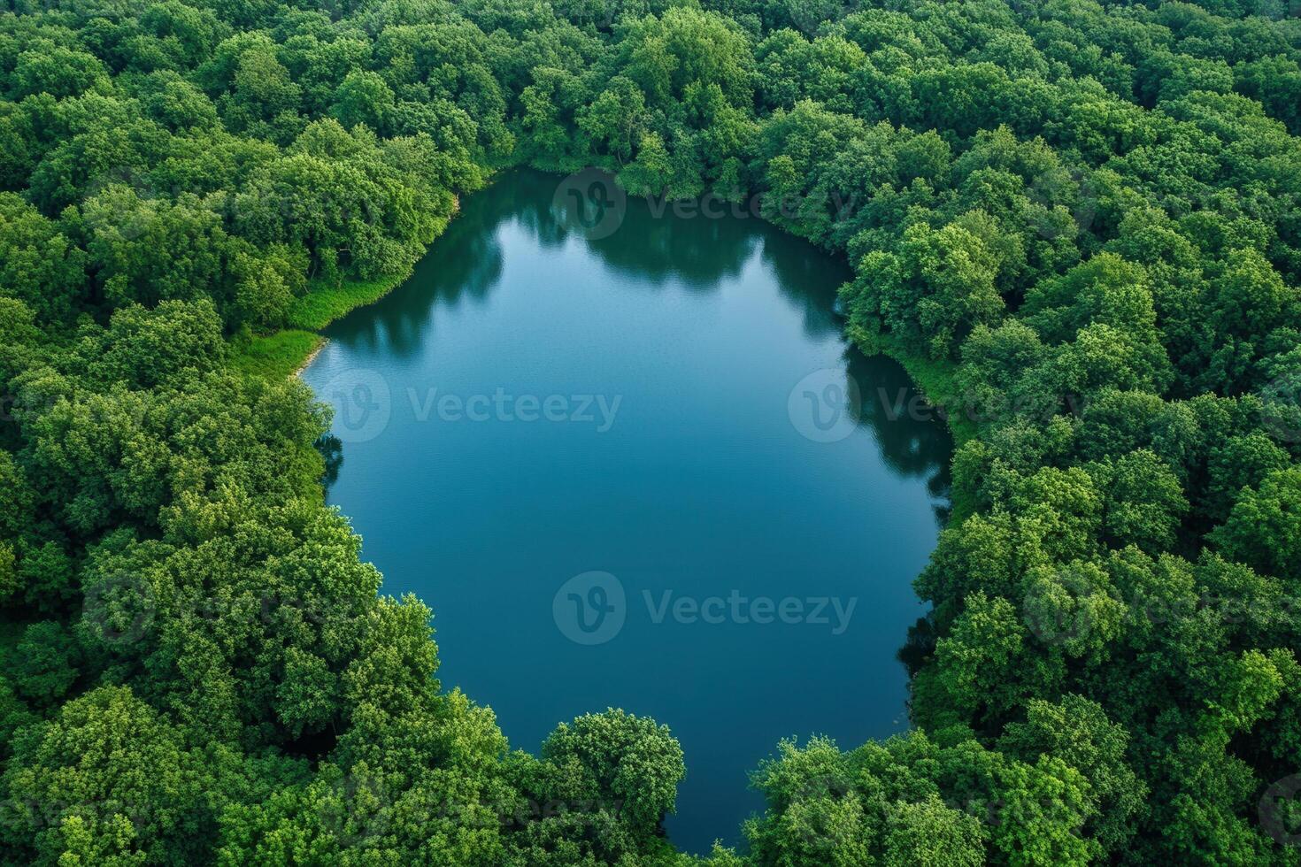 Aerial view of serene lake nestled in lush green forest. photo