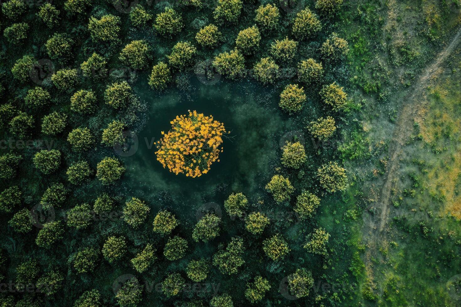 Aerial view of a single yellow tree in the center of a circle of green trees. photo