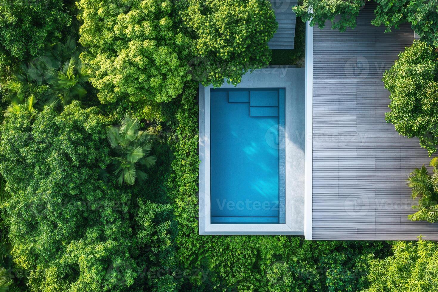 Aerial view of a modern pool surrounded by lush greenery. photo