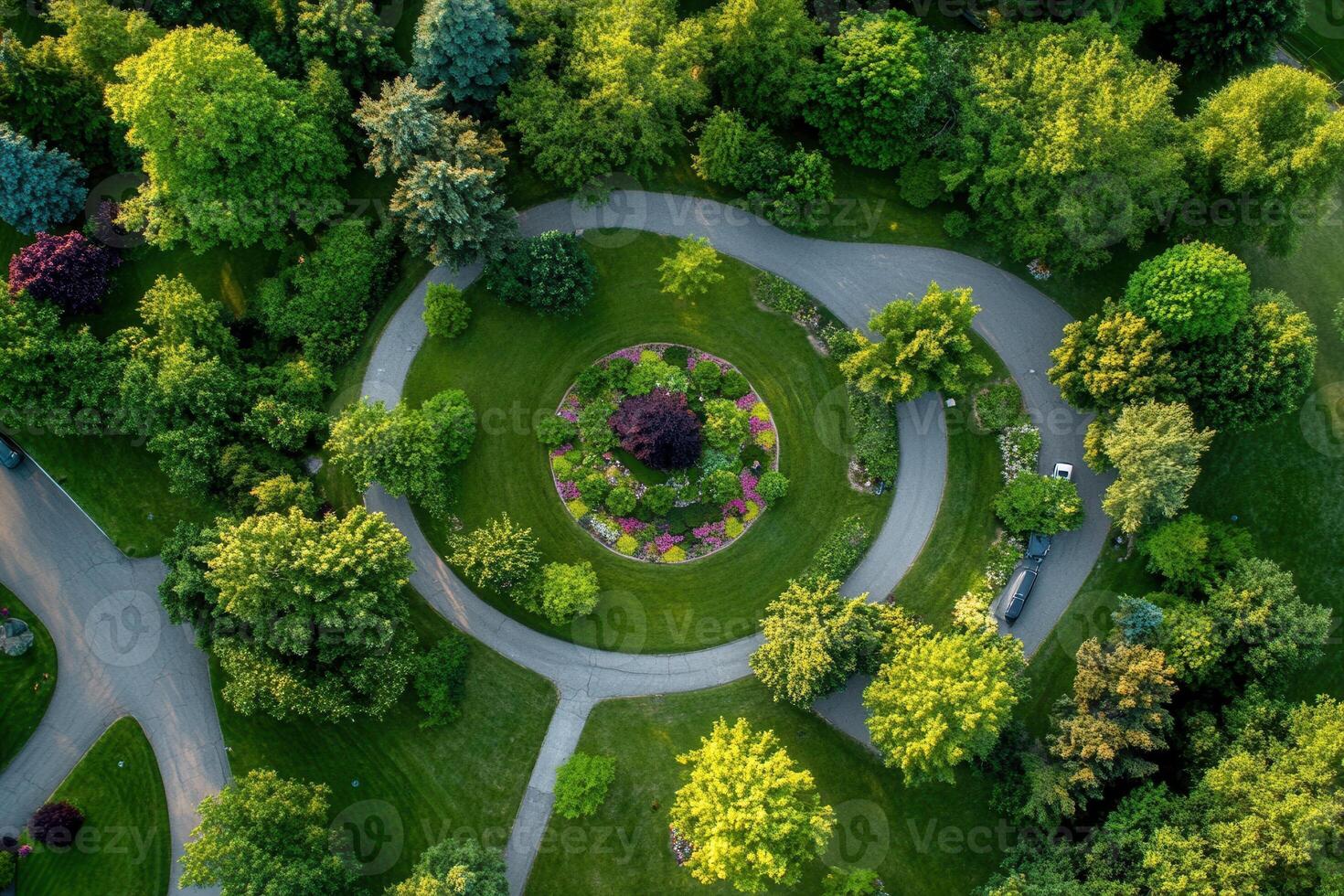 Aerial view of a circular garden with winding paths. photo