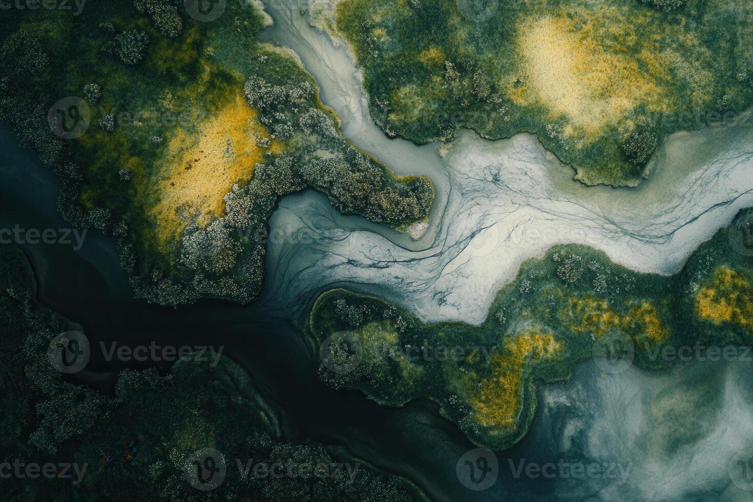Aerial view of a wetland with winding waterways and diverse vegetation. photo