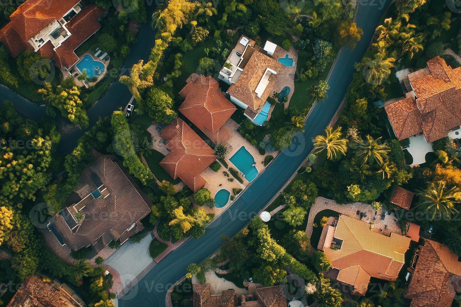 Aerial view of upscale residential neighborhood with houses, pools, and lush greenery. photo