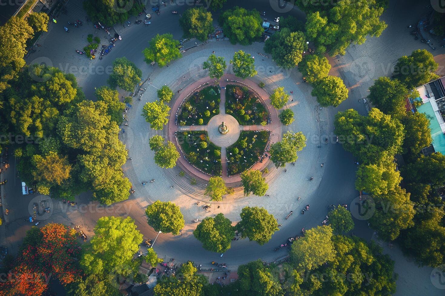 Aerial view of a circular park with lush greenery and people. photo