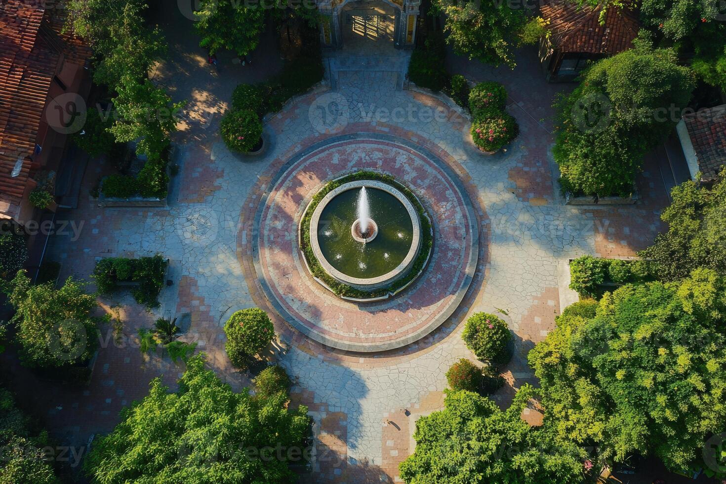 Aerial view of a tranquil courtyard with a central fountain. photo