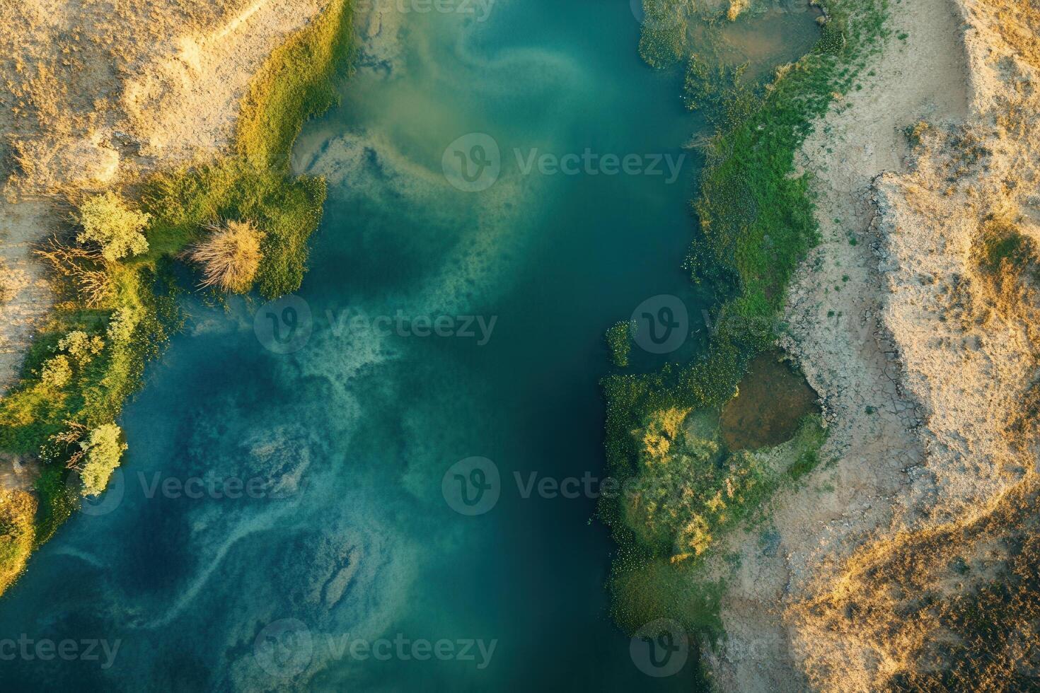 Aerial view of a river flowing through a desert landscape. photo