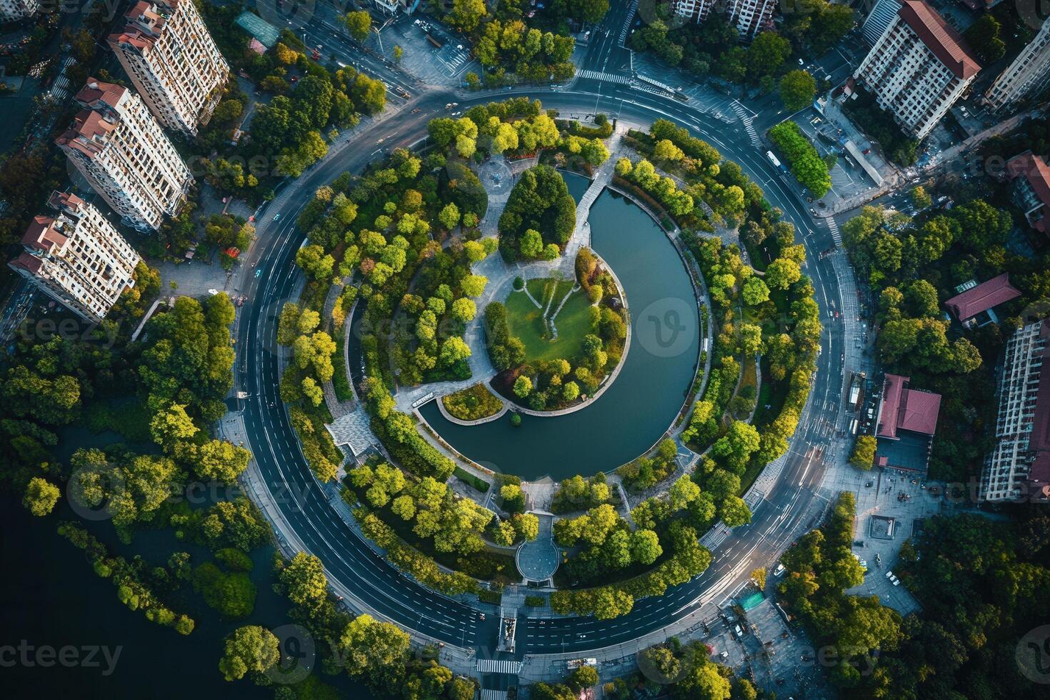 Aerial view of a circular park with a pond, surrounded by a road and buildings. photo