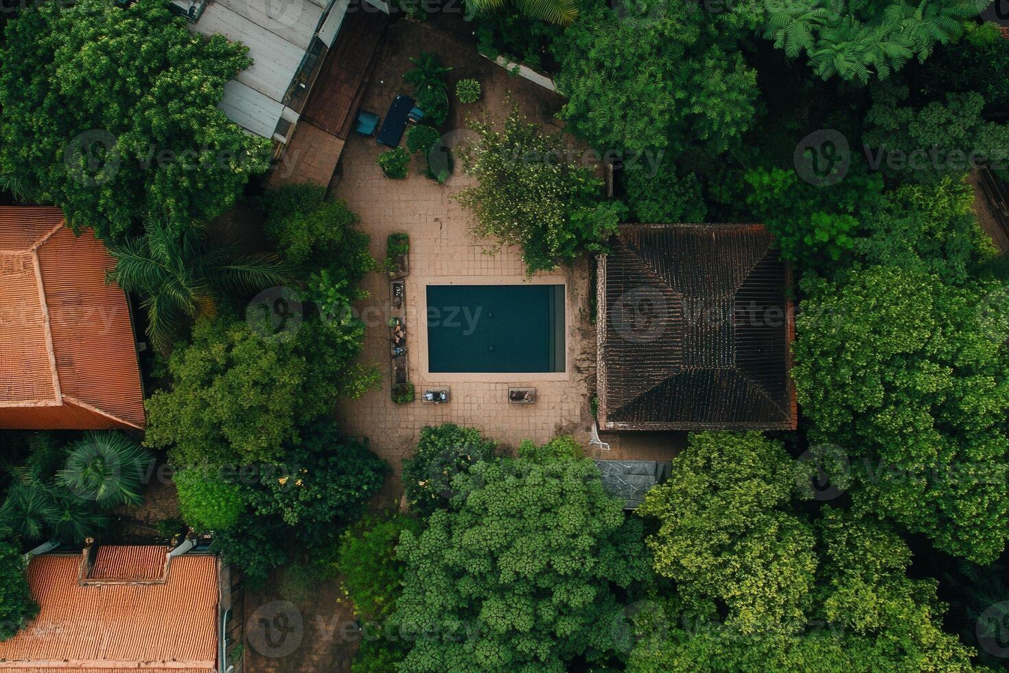 Aerial view of a lush green courtyard with a rectangular swimming pool. photo